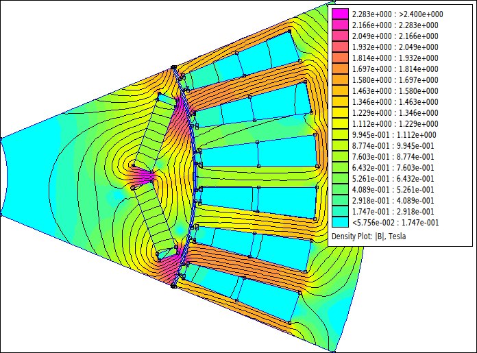 FEMM flux density plot of an interior PM traction motor at peak torque