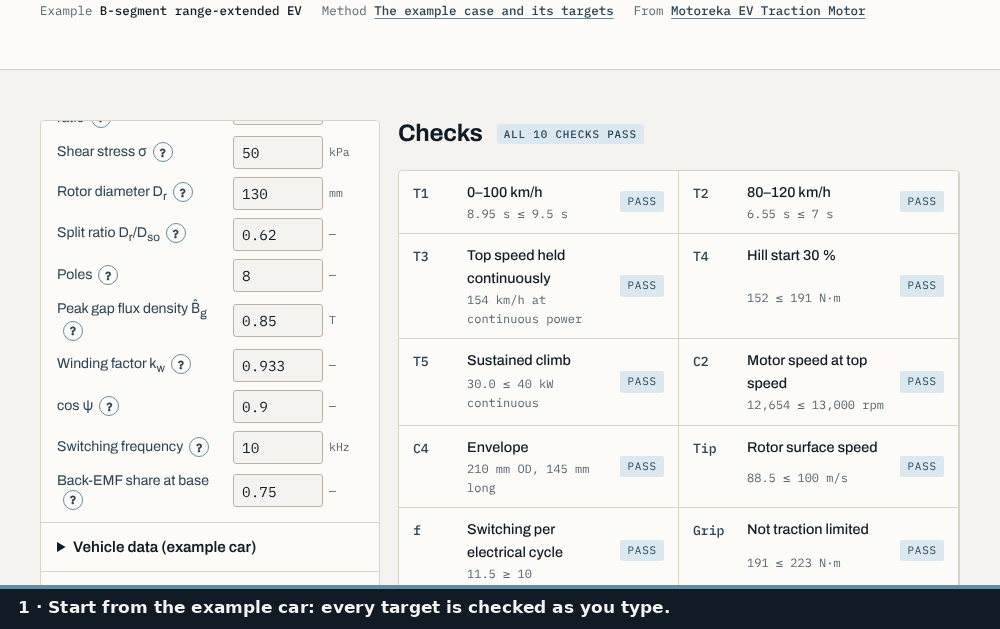 Short screen recording of the Sizing Calculator. It opens a help note beside peak power and the constant-power speed ratio, changes peak power and then the reduction ratio so that checks turn from Pass to Fail, finds the minimum peak power, and ends at the Save design card button.